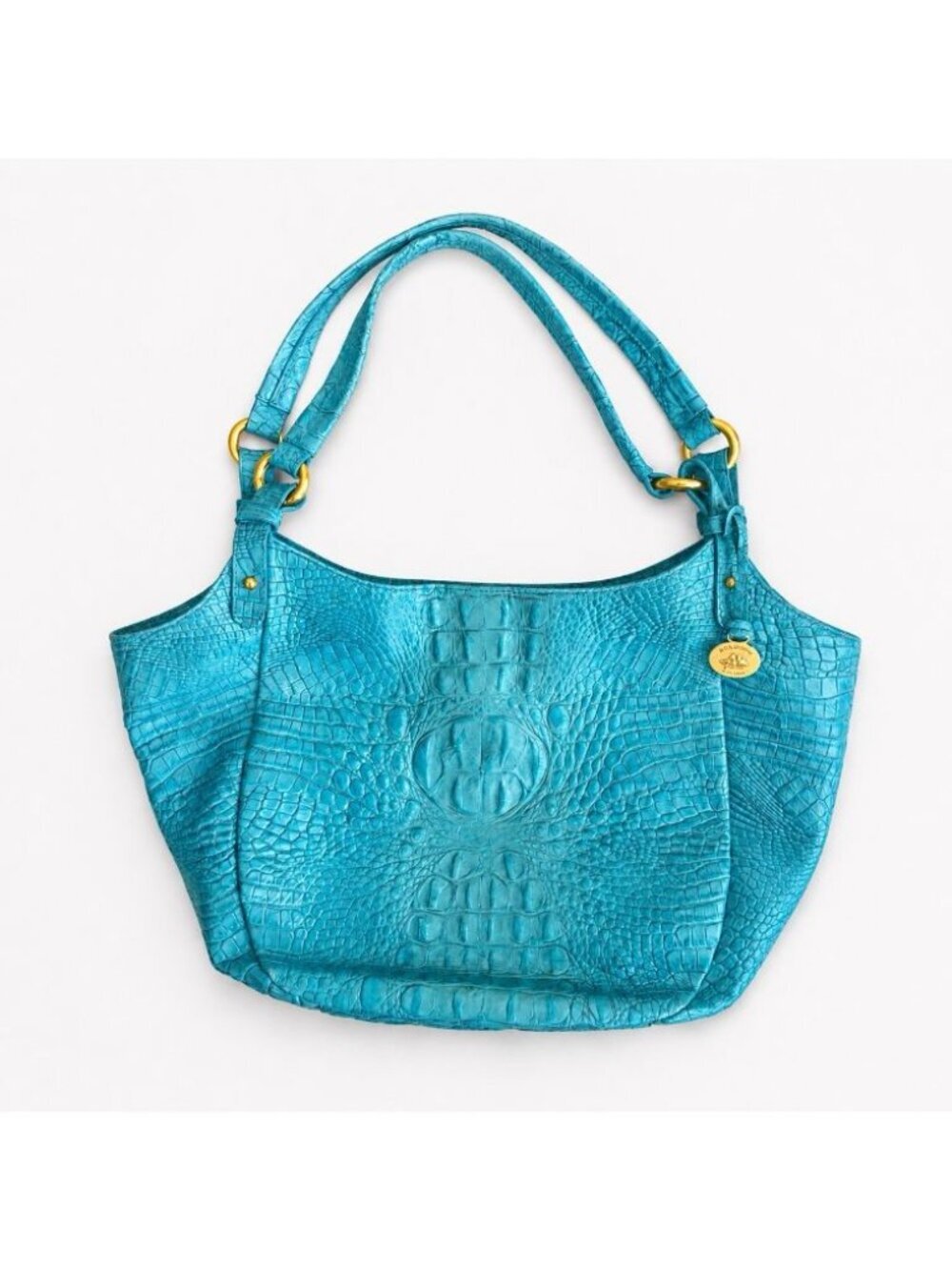 Brahmin Aqua Turquoise Croc Embossed Shoulder Bag Leather Large Blue Purse Tote